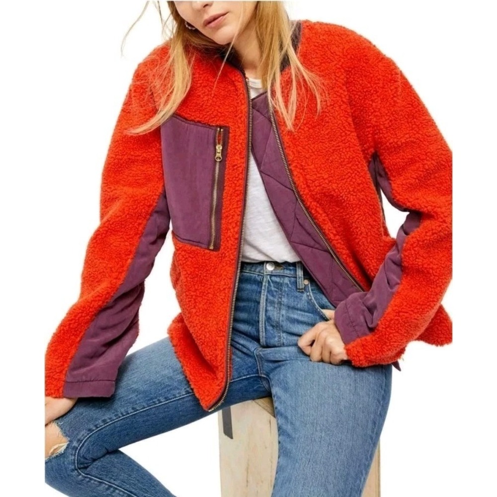 Free People Rivington Sherpa Fleece Jacket Womens XS Chili Combo Boho Cozy